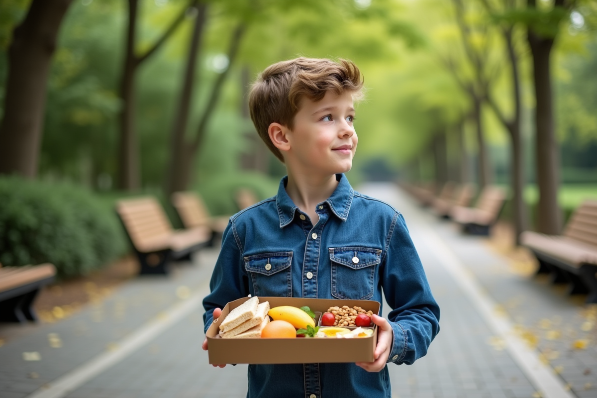 Adolescent avec boîte à lunch dans un parc urbain