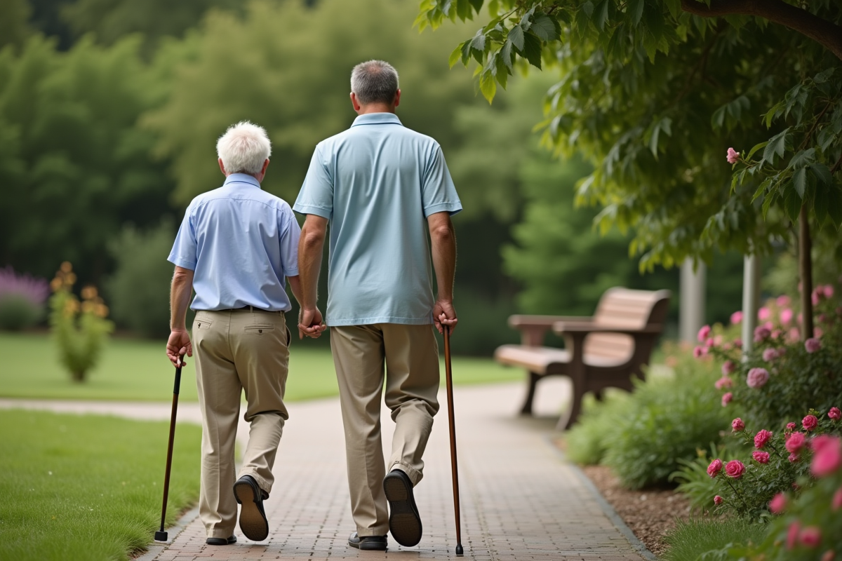 Jeune aidant aidant un senior dans un jardin