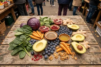 Table de marché couverte de légumes et fruits anti-inflammatoires frais : épinards, chou violet, curcuma, myrtilles, avocat, noix et gingembre