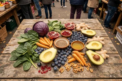 Table de marché couverte de légumes et fruits anti-inflammatoires frais : épinards, chou violet, curcuma, myrtilles, avocat, noix et gingembre