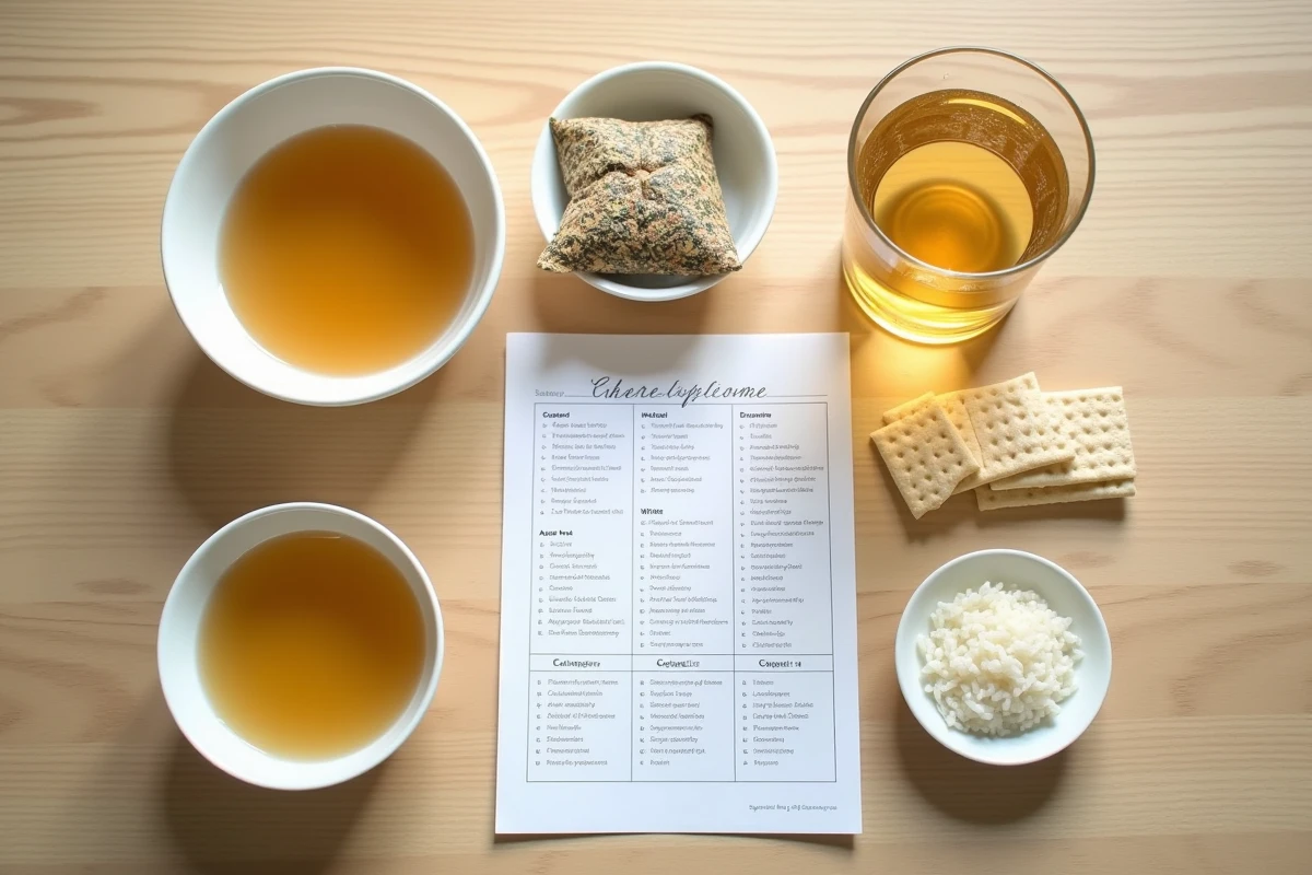 Vue du dessus des aliments autorisés pour le régime de préparation à une coloscopie disposés sur une table en bois