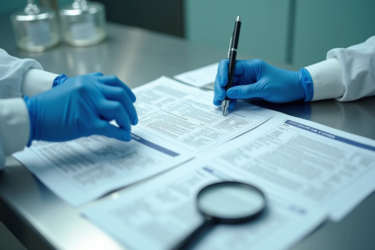 Mains gantées d'un professionnel de santé analysant des documents diagnostiques pour comprendre les causes et zones d'ombre du zonivizectrum