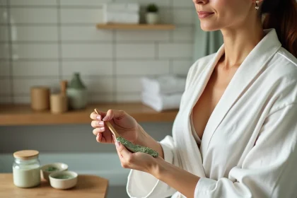 Femme appliquant un cataplasme d'argile verte sur l'avant-bras avec une spatule en bois dans une salle de bain épurée