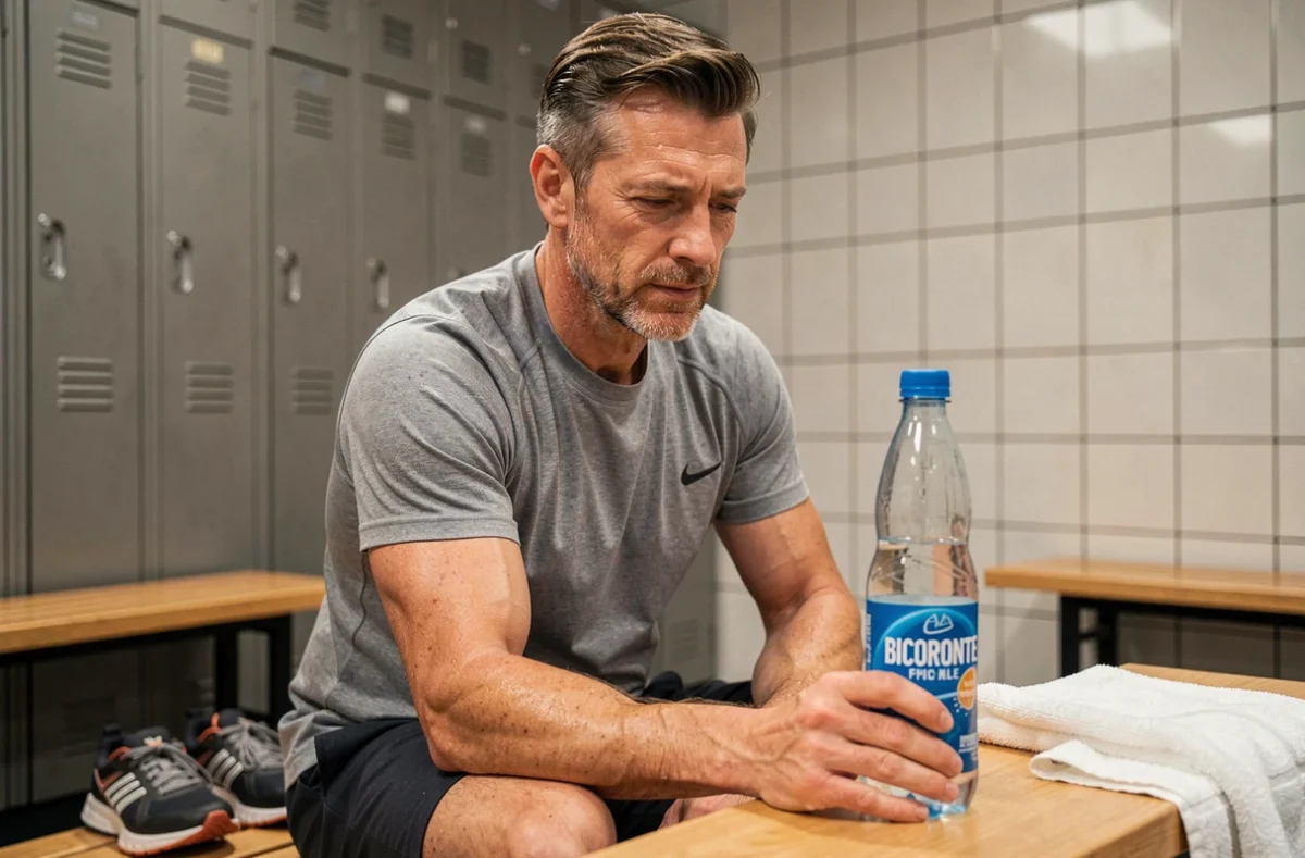 Athlète masculin examinant une bouteille d'eau bicarbonatée après l'entraînement dans un vestiaire de salle de sport
