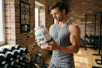 Sportif analysant un grand format de protéine Myprotein dans une salle de sport à domicile pour optimiser ses achats en gros volumes