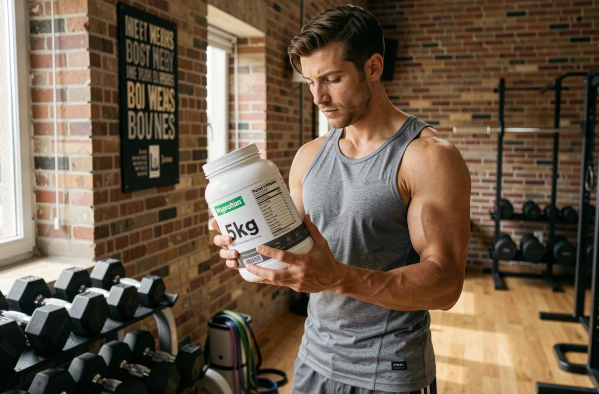 Sportif analysant un grand format de protéine Myprotein dans une salle de sport à domicile pour optimiser ses achats en gros volumes