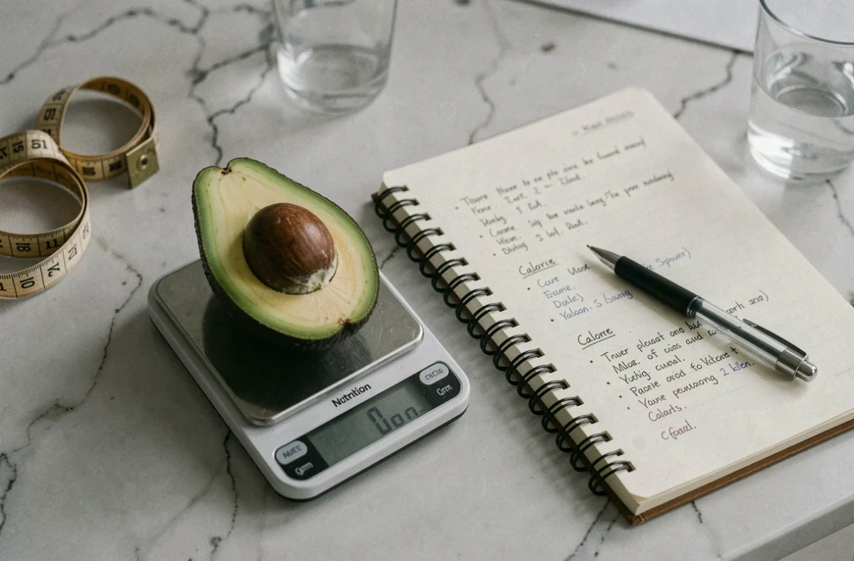 Moitié d'avocat posée sur une balance de cuisine numérique avec un journal nutritionnel et des notes caloriques manuscrites