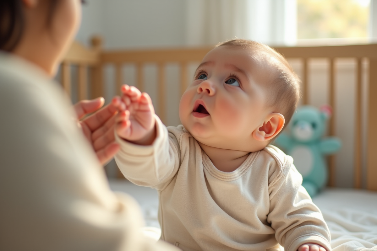 Bébé curieux regardant vers le haut dans une nurserie lumineuse
