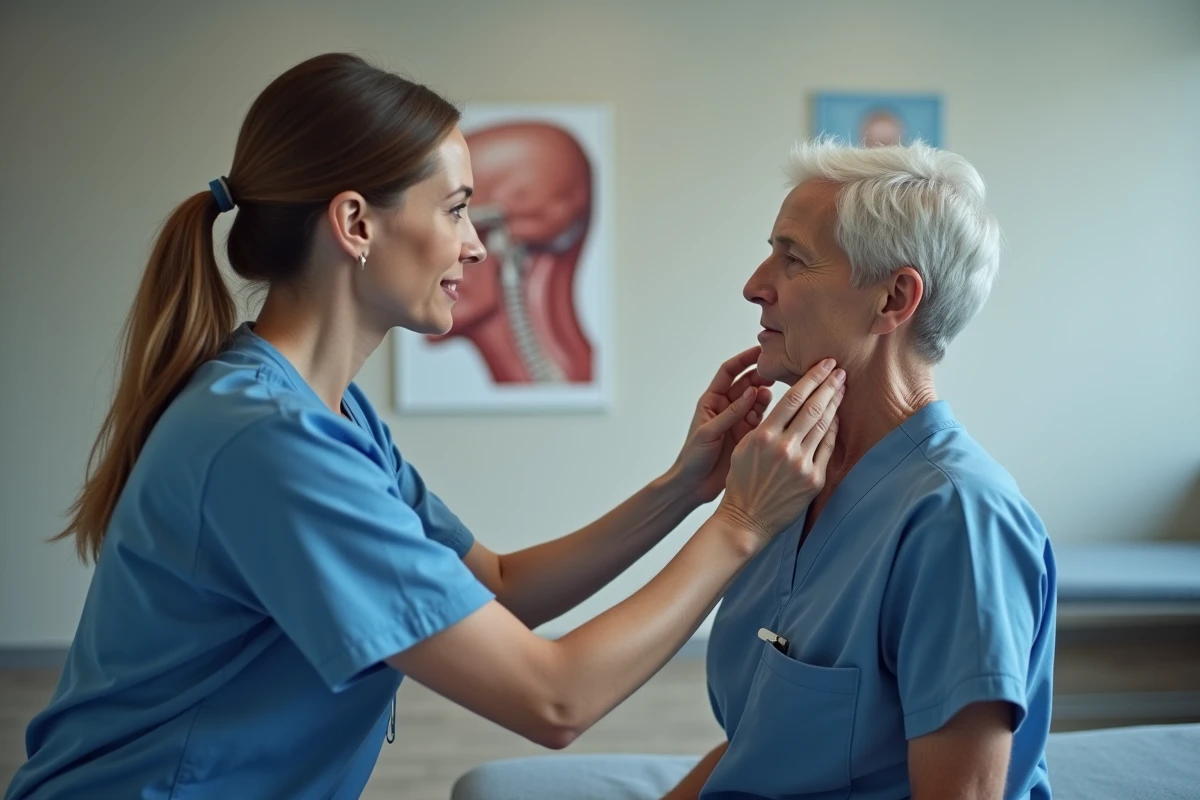 Kinésithérapeute évaluant la mobilité de la mâchoire d'un patient dans une salle de rééducation