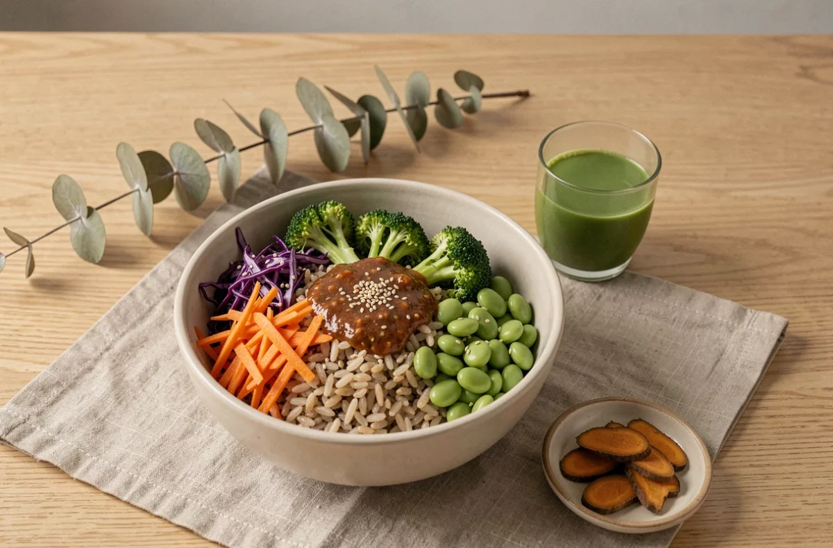 Bol Buddha végétarien anti-inflammatoire avec riz complet, brocoli, edamame, chou rouge et dressing miso-gingembre sur table en bois clair