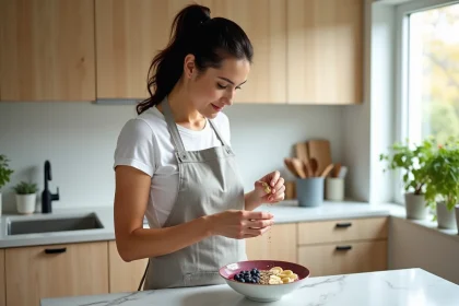 Femme préparant un bol petit-déjeuner thermogénique avec gingembre frais, poivre de Cayenne et fruits rouges dans une cuisine moderne