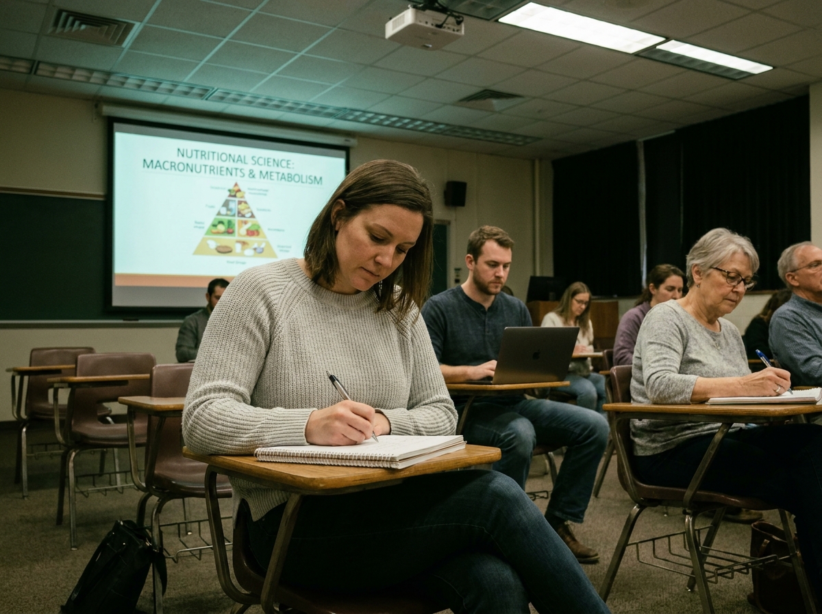 Étudiante adulte en formation BTS diététique en alternance prenant des notes dans une salle de cours universitaire en soirée avec d'autres apprenants