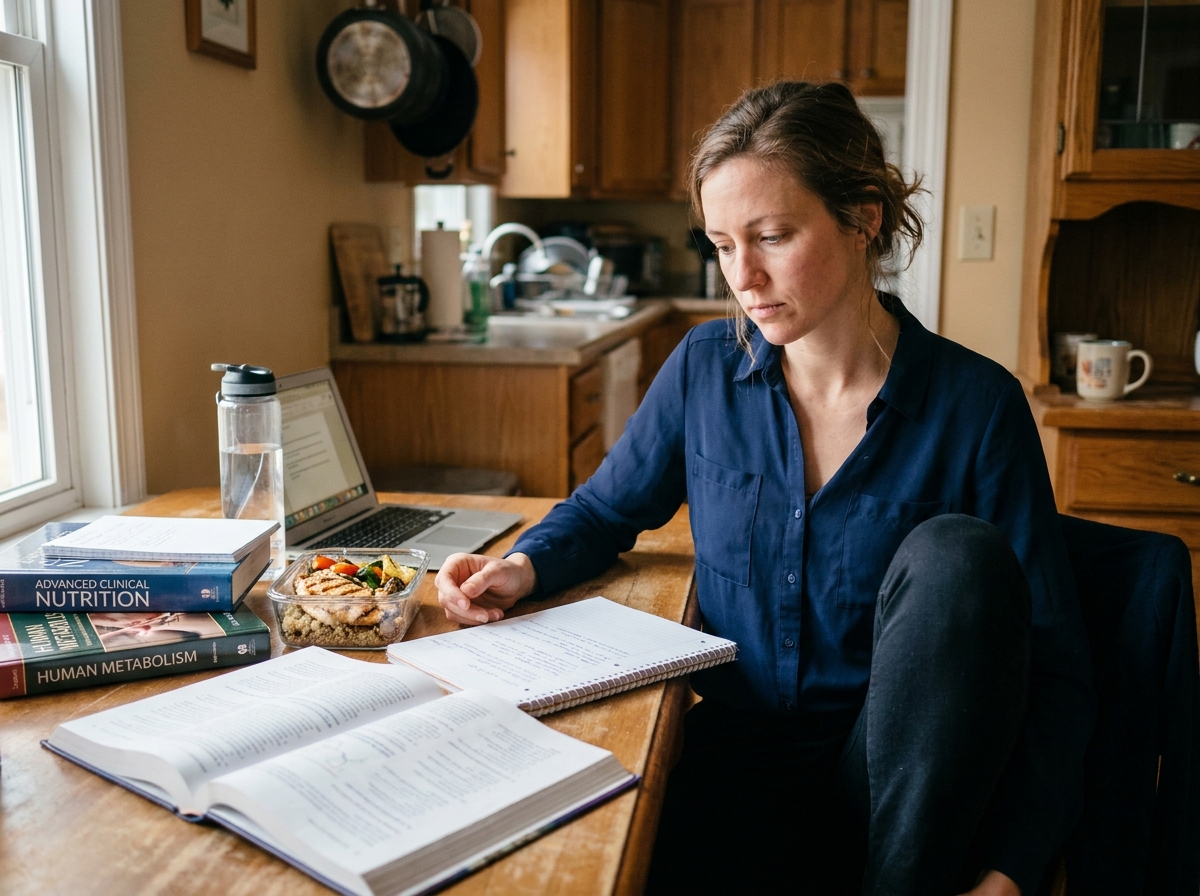 Femme adulte qui étudie le BTS diététique à la maison après sa journée de travail, entourée de livres de nutrition et de cours imprimés sur une table de cuisine