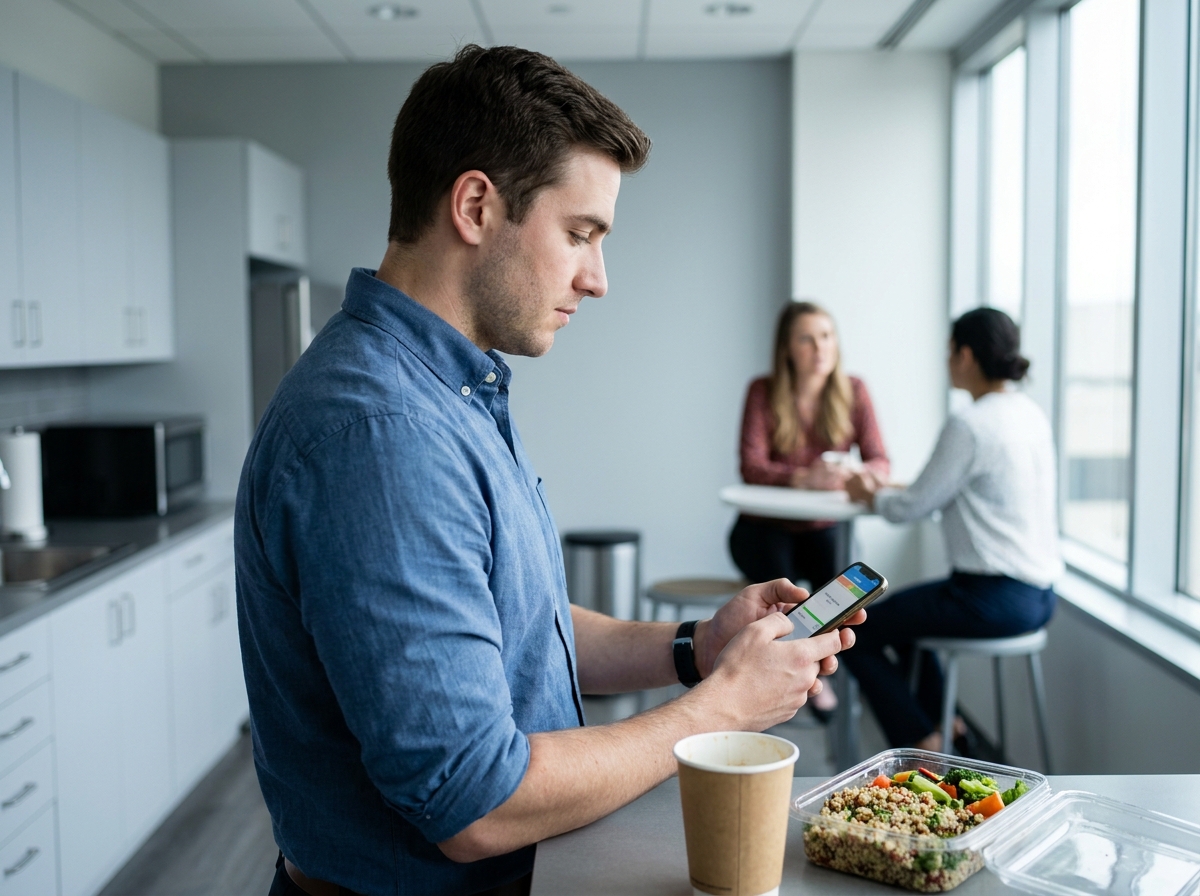 Homme salarié révisant son cours de BTS diététique sur son téléphone pendant une pause au bureau, conciliant vie professionnelle et formation