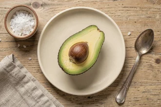 Moitié d'avocat mûr sur une assiette en céramique crème avec sel de mer et cuillère vintage, vue de dessus