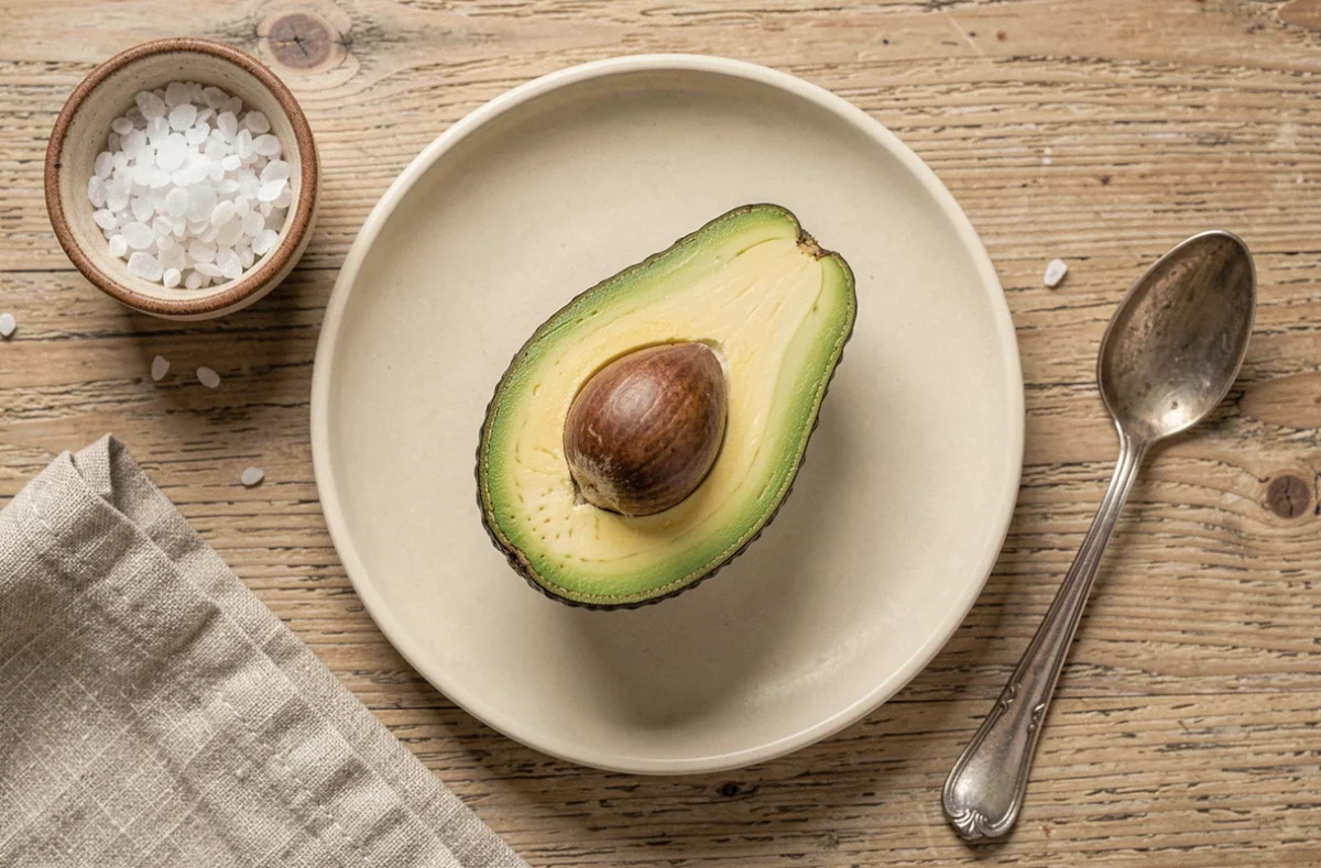 Moitié d'avocat mûr sur une assiette en céramique crème avec sel de mer et cuillère vintage, vue de dessus