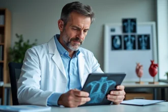 Cardiologue consultant des images médicales sur tablette pour surveiller la durée de vie d'un stent coronarien