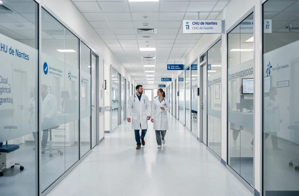 Couloir du service de dermatologie du CHU de Nantes avec une équipe de médecins en blouses blanches
