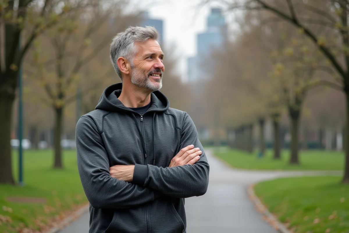 Coach sportif dans un parc urbain en tenue moderne