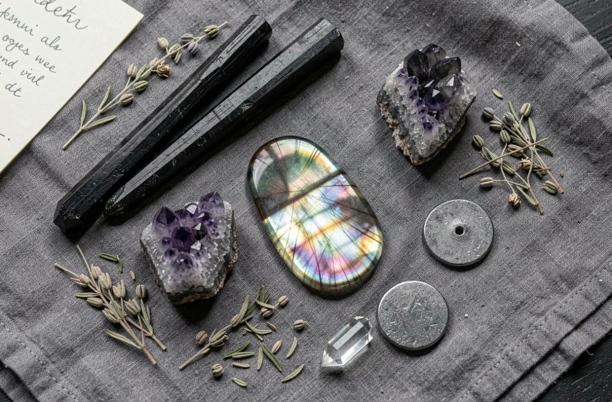 Arrangement de pierres de protection dont tourmaline noire, améthyste et labradorite sur tissu en lin gris