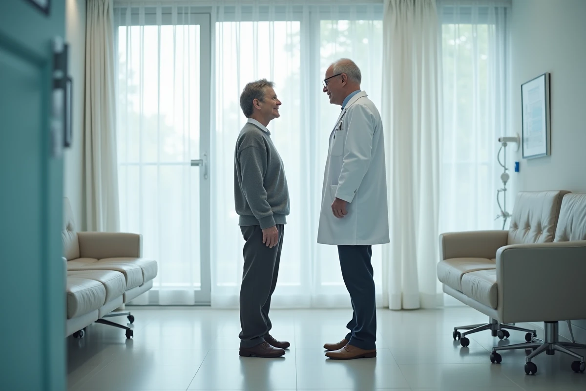 Comparaison de taille entre un adulte atteint de nanisme et une personne de taille standard lors d'une consultation médicale, illustrant les différences de taille maximale selon les formes de nanisme