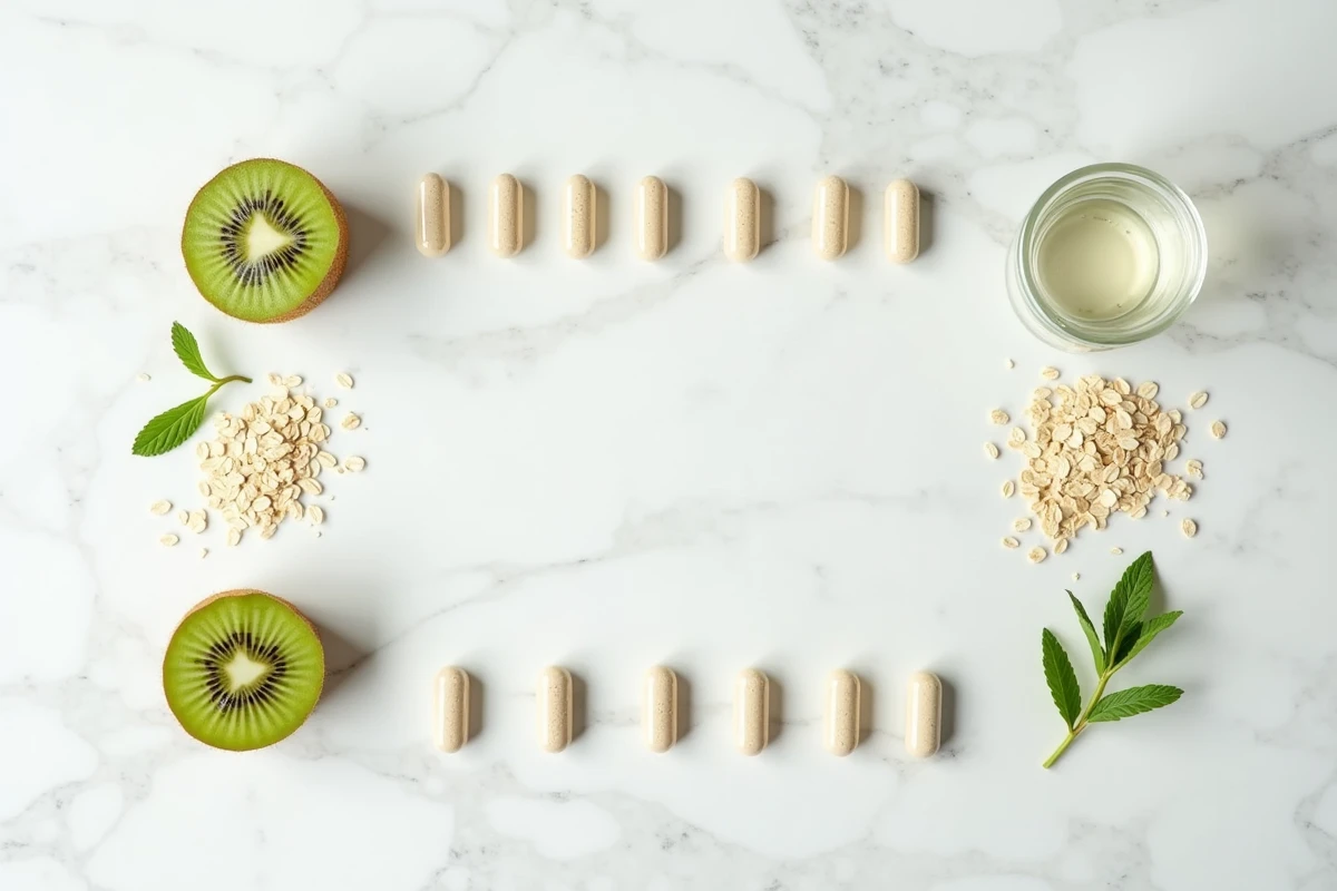 Vue de dessus de compléments probiotiques, kiwi et flocons d'avoine sur un comptoir en marbre, illustrant l'association alimentation et suppléments pour l'intestin irritable