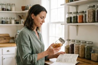 Femme examinant des compléments alimentaires naturels dans une cuisine saine avant de changer son alimentation