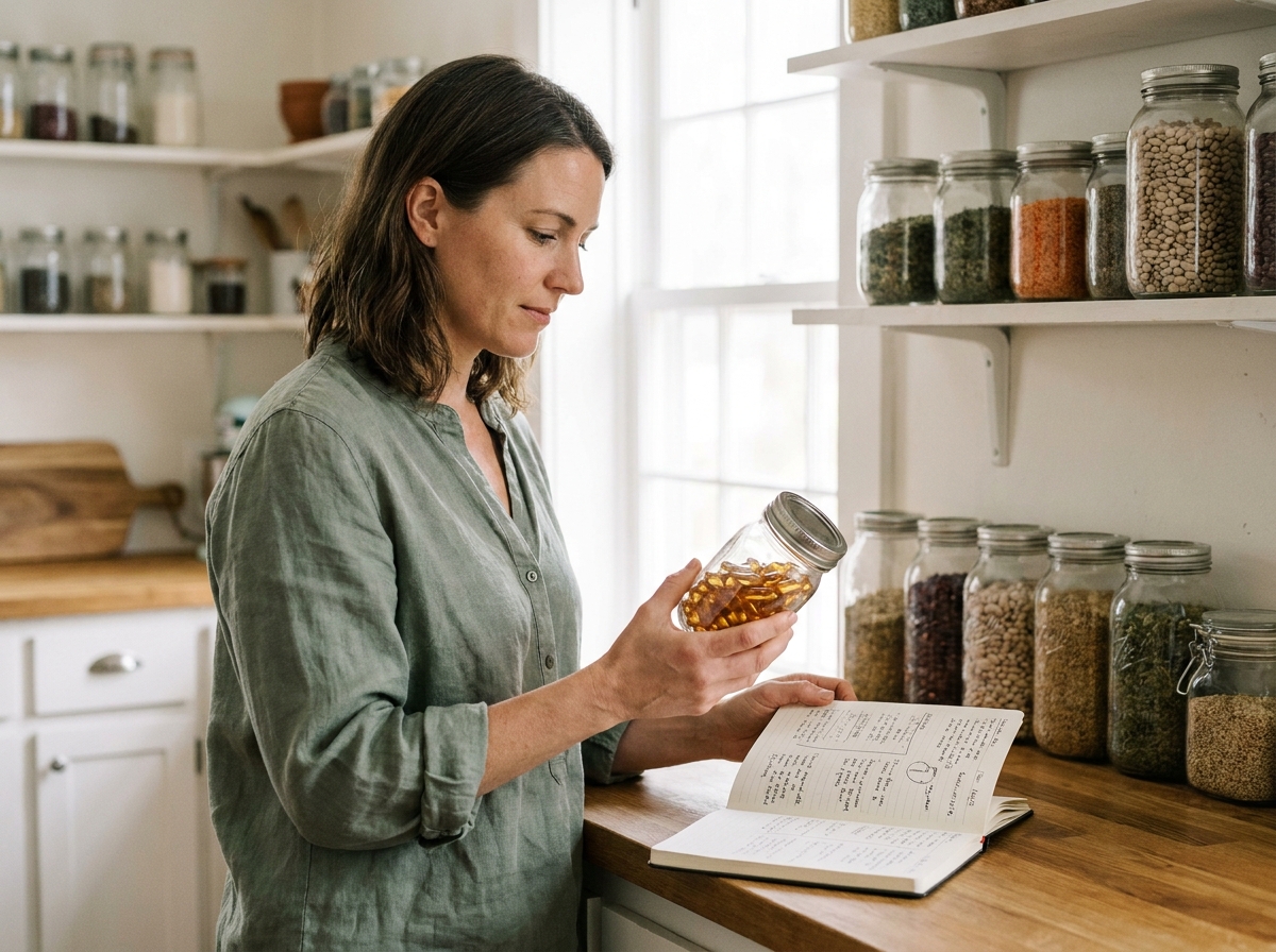 Femme examinant des compléments alimentaires naturels dans une cuisine saine avant de changer son alimentation