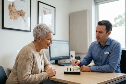 Femme de 60 ans en consultation dans un centre auditif moderne discutant avec un audioprothésiste