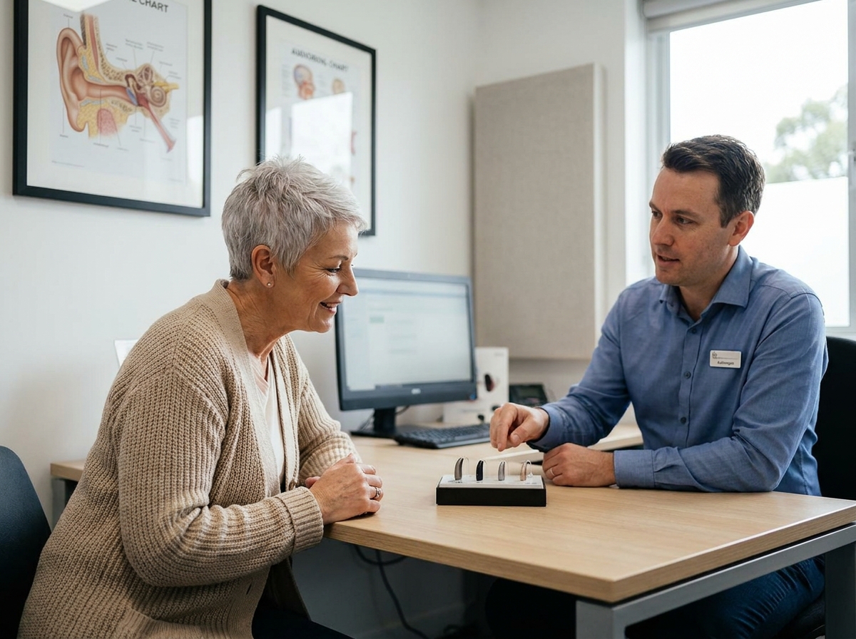 Femme de 60 ans en consultation dans un centre auditif moderne discutant avec un audioprothésiste