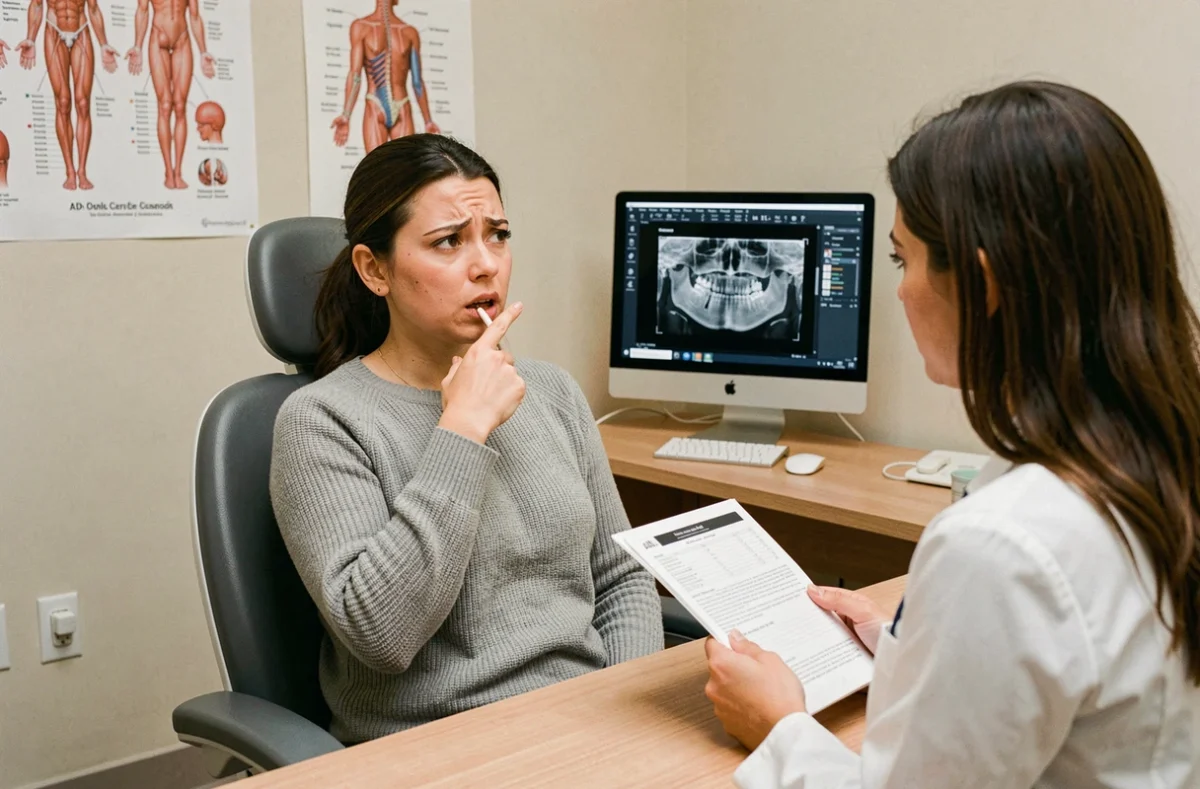 Patiente adulte montrant sa gencive douloureuse lors d'une consultation dentaire avec une dentiste