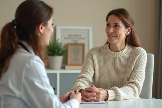 Femme en consultation médicale discutant ouvertement avec sa gynécologue de traitements hormonaux et de prise de poids