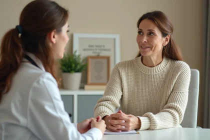 Femme en consultation médicale discutant ouvertement avec sa gynécologue de traitements hormonaux et de prise de poids