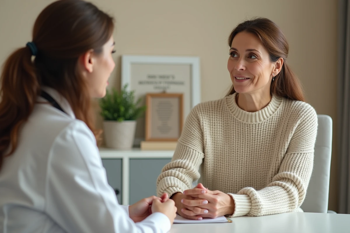 Femme en consultation médicale discutant ouvertement avec sa gynécologue de traitements hormonaux et de prise de poids