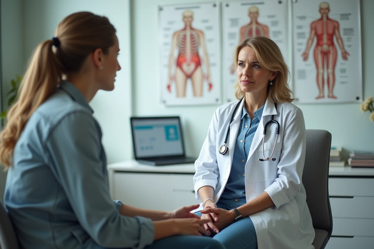 Médecin femme discutant avec une patiente en consultation gynécologique, illustrant le suivi médical des kystes ovariens liés au stress chronique