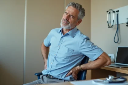 Travailleur en consultation médicale tenant son dos douloureux, illustrant une maladie professionnelle dorsale