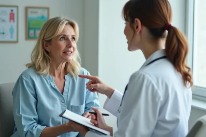 Patiente expliquant un œdème de Quincke à la lèvre à son médecin lors d'une consultation médicale