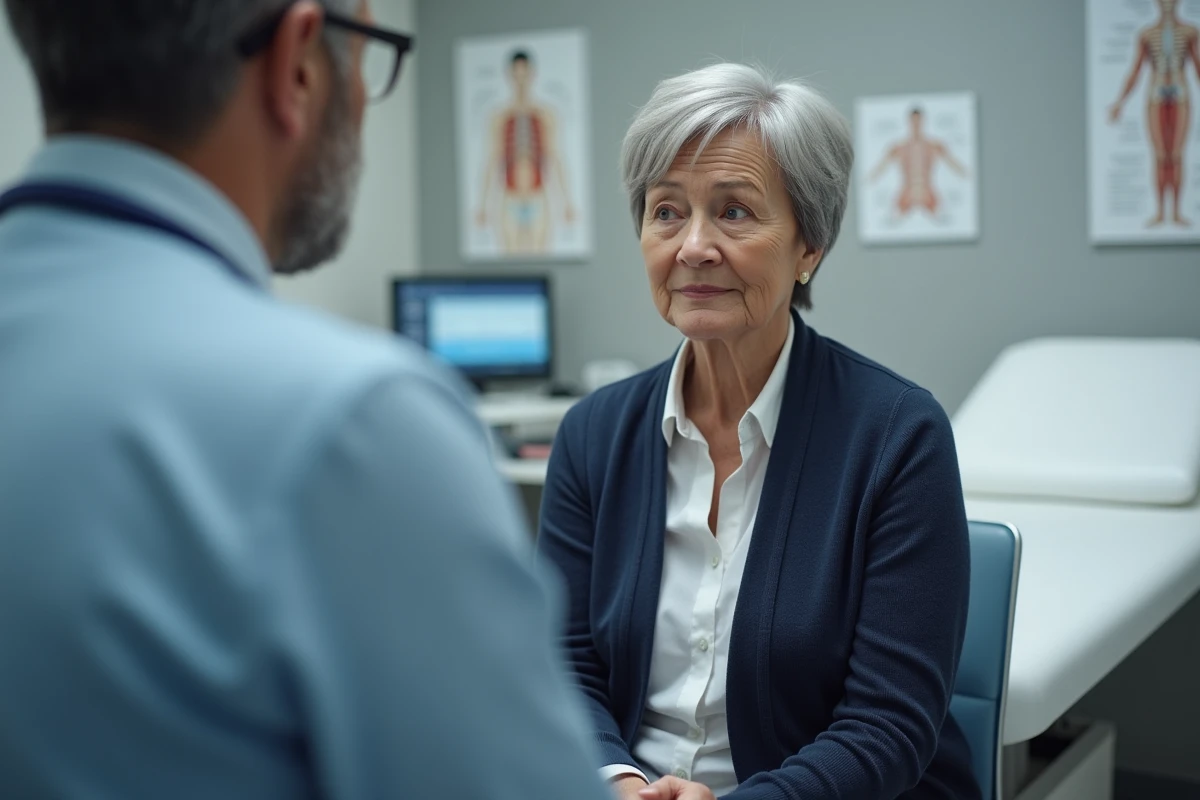 Femme âgée en consultation médicale avec un médecin pour des symptômes digestifs évocateurs d'un cancer gastrique