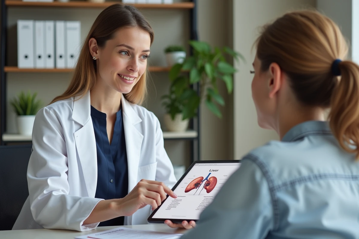 Nutritionniste expliquant à une patiente les erreurs alimentaires liées à un taux de gamma GT élevé lors d'une consultation médicale