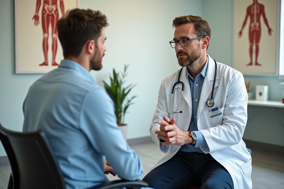 Jeune homme en consultation avec un rhumatologue dans une clinique