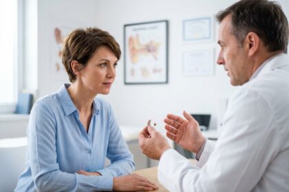 Femme en consultation chez un spécialiste de l'audition dans une clinique moderne