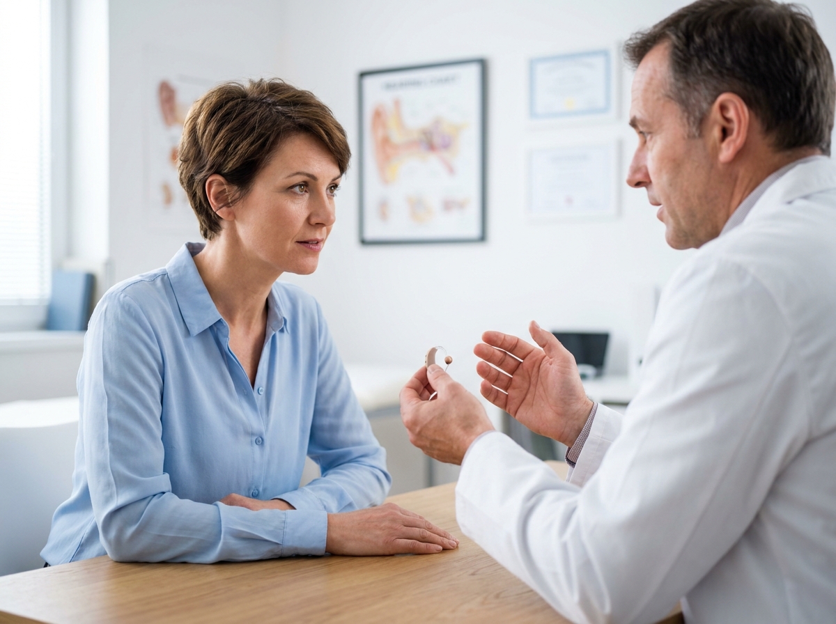 Femme en consultation chez un spécialiste de l'audition dans une clinique moderne