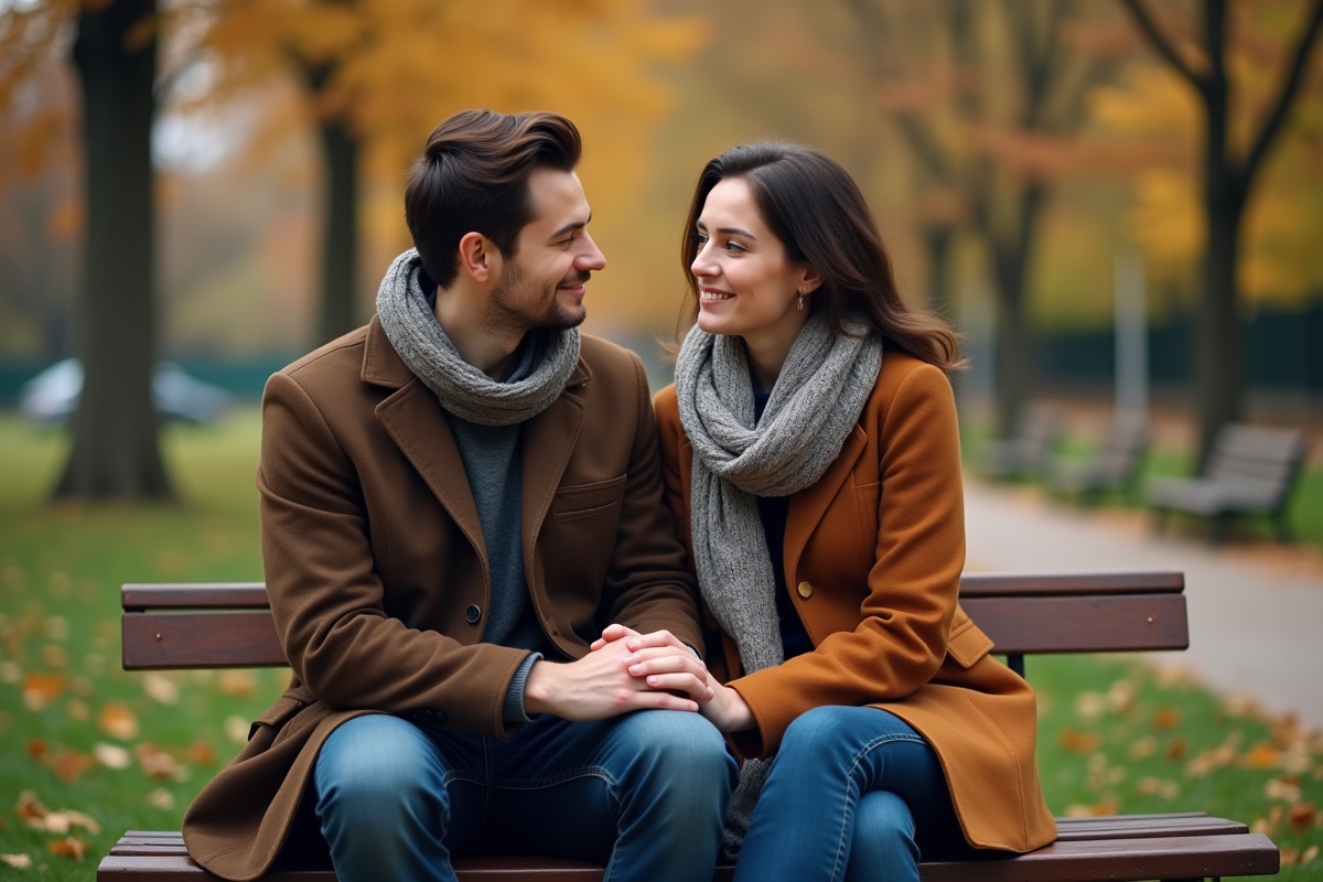 Couple assis sur un banc dans un parc automnal calme