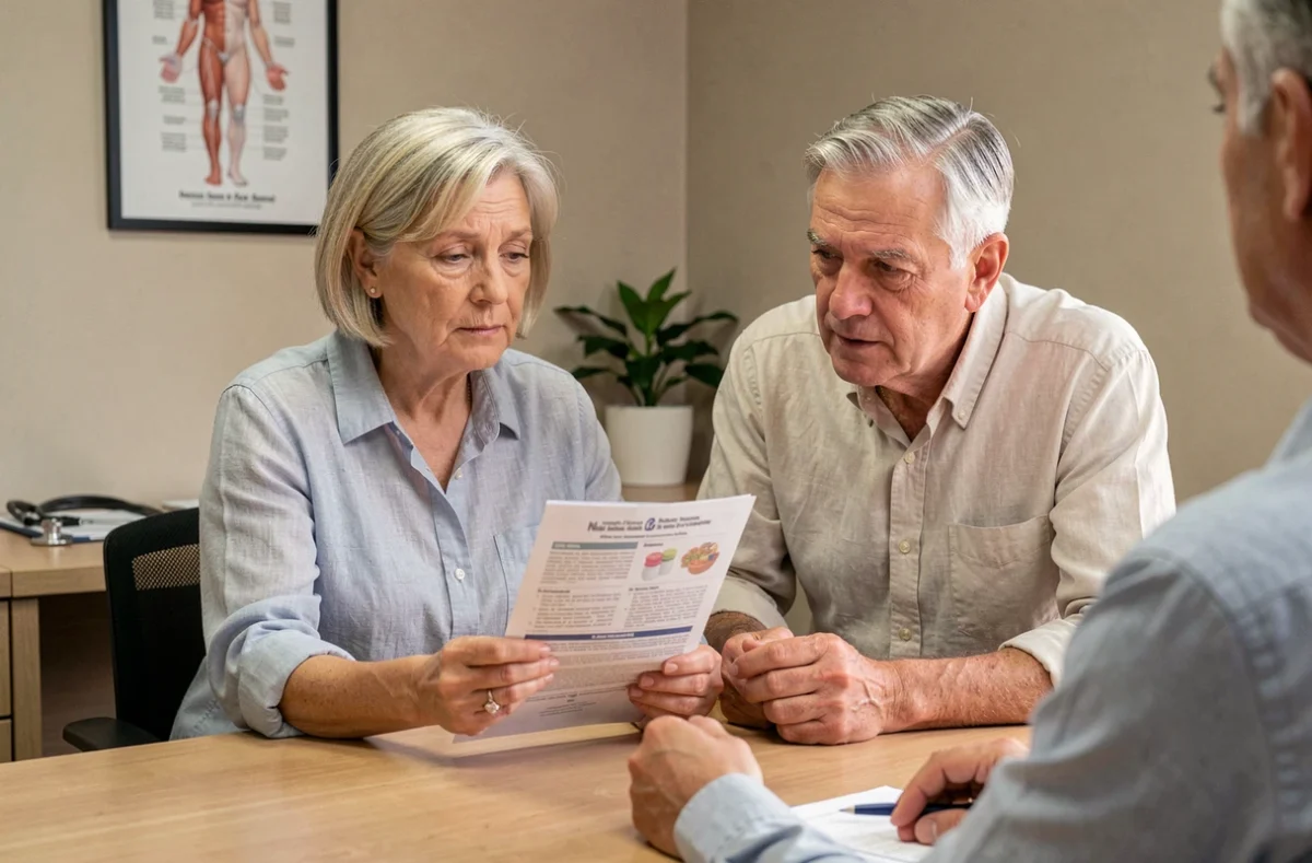 Couple de personnes âgées de plus de 50 ans en consultation médicale pour discuter des dangers et précautions liés au silicium organique G5