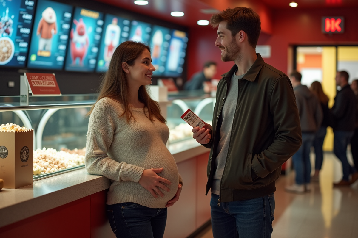 Jeune couple discutant devant le stand de snacks au cinéma