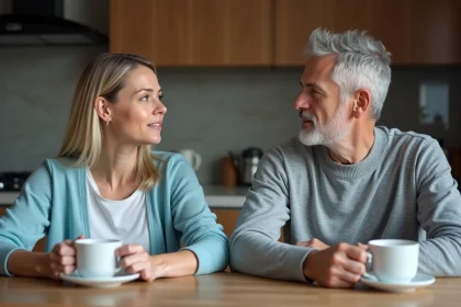 Couple d'&acirc;ge moyen dans une cuisine moderne contemplant