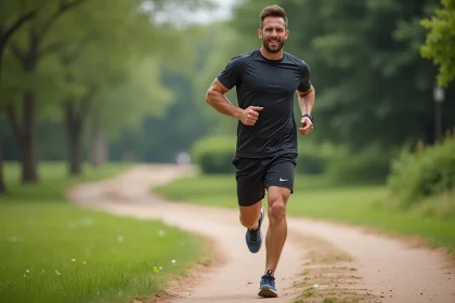 Coureur homme en pleine course dans un parc vert