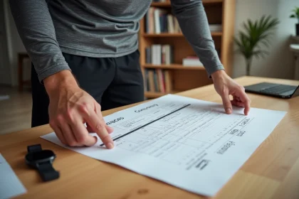 Coureur consultant un tableau de conversion pas en km sur son bureau à domicile