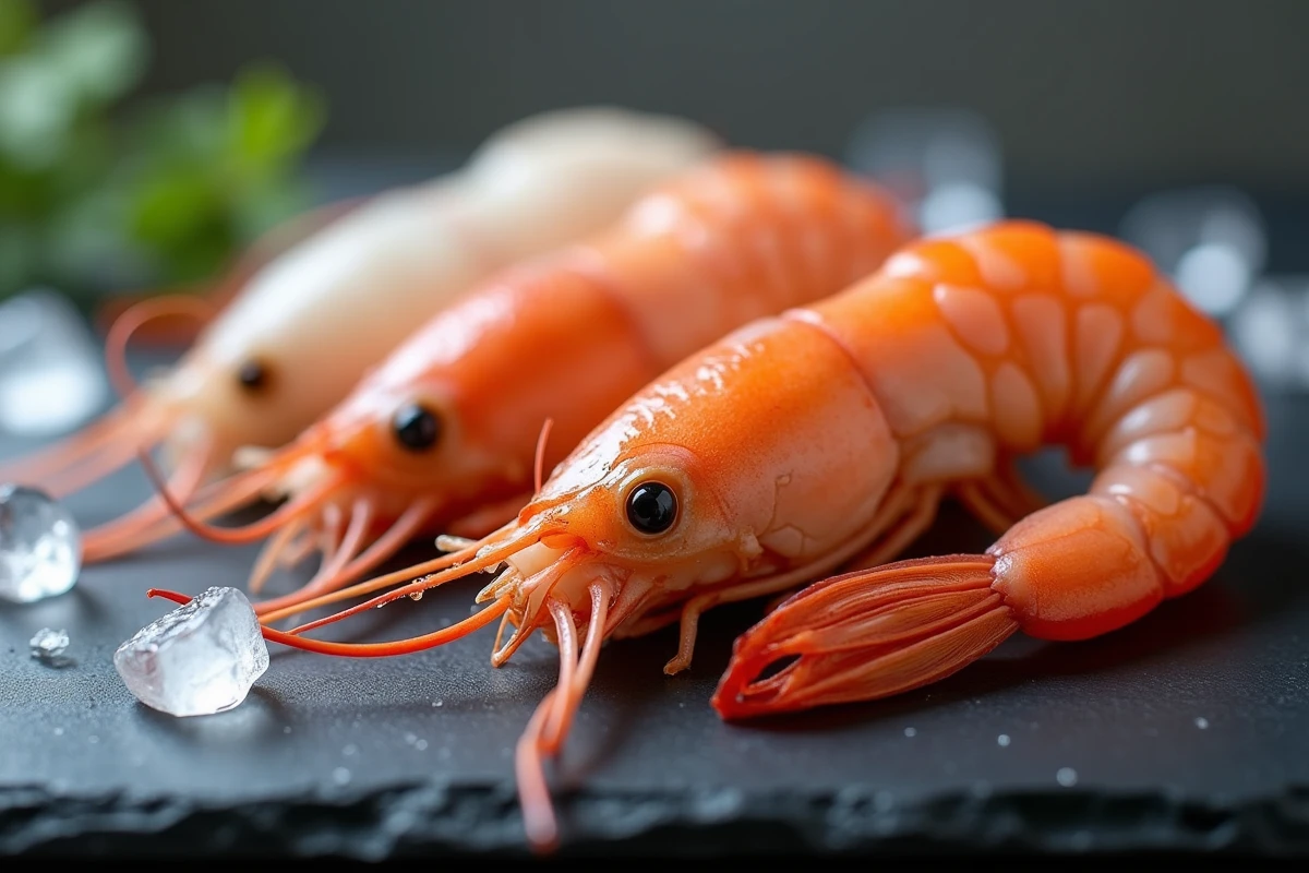 Comparaison entre crevettes roses crues et cuites sur ardoise, détail macro