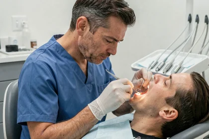 Dentiste examinant la gencive d'un patient adulte avec un miroir dentaire dans un cabinet moderne